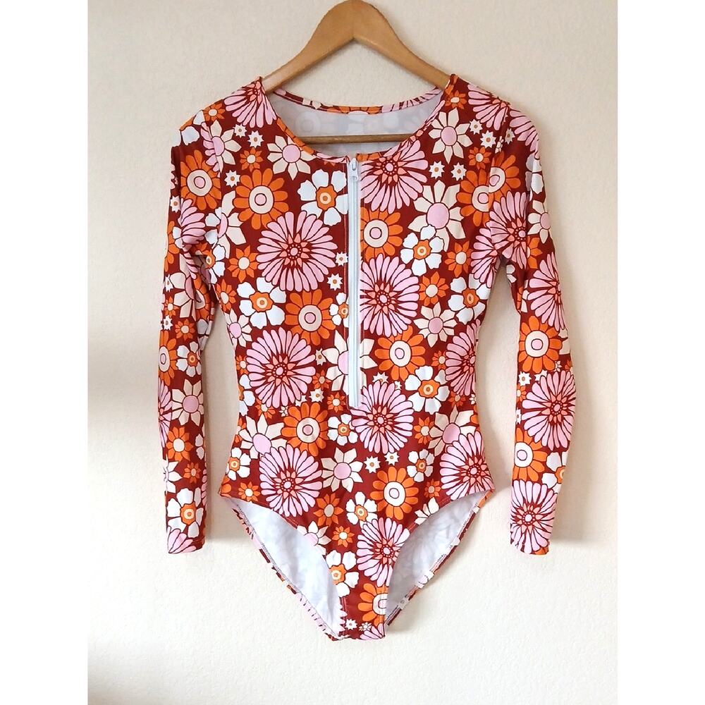 Unbranded One Piece Floral Swimsuit Half Zip Built In Bra Long Sleeves